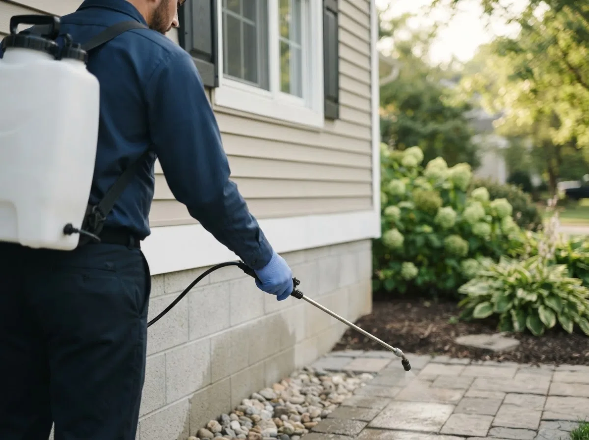 Pest control technician inspecting a home in Powellsville, NC